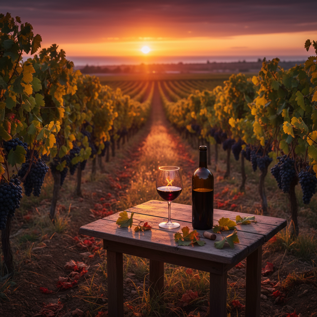 Vinhedo tunisiano ao pôr do sol com taça e garrafa de vinho em mesa rústica, refletindo a tranquilidade do enoturismo local.