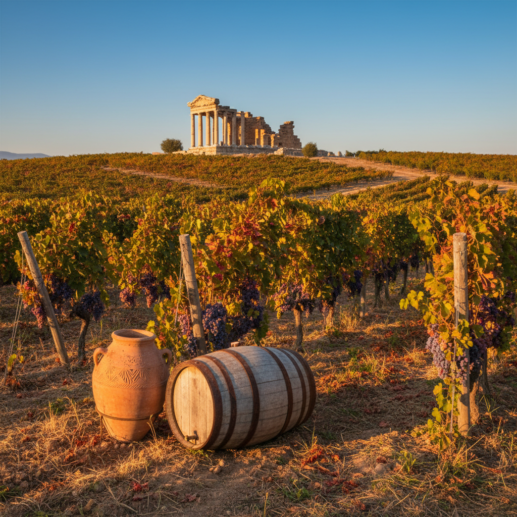 Vinhedo turco com ruínas antigas ao fundo, destacando a milenar tradição vinícola da Turquia.