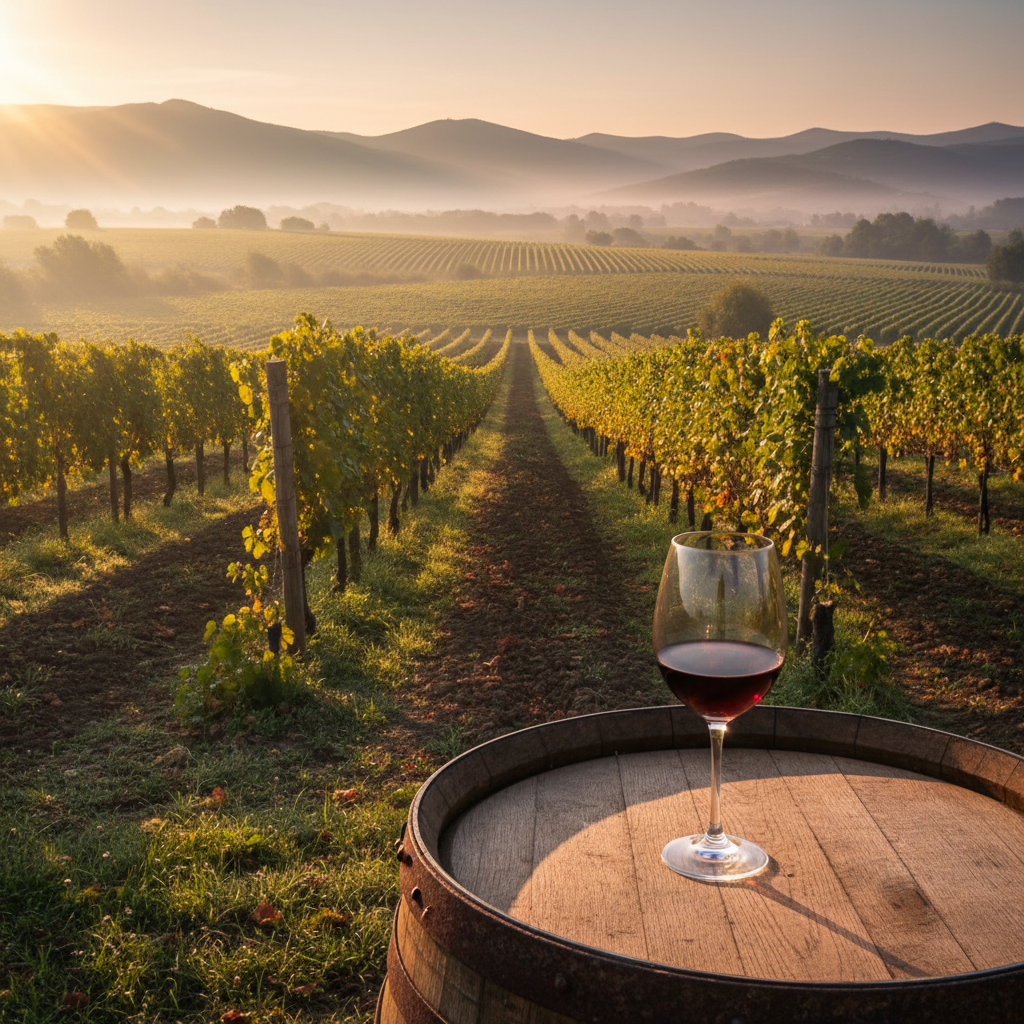 Vinhedo ao nascer do sol na Europa Oriental, com uma taça de vinho elegante sobre um barril de madeira, simbolizando a emergência das regiões vinícolas da Ucrânia e outros países.