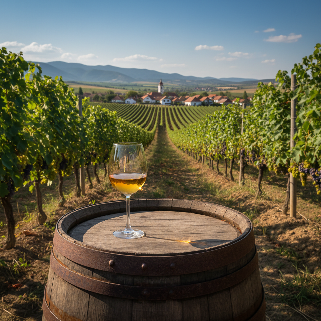 Vinhedo ucraniano ensolarado com um barril de madeira e taça de vinho em primeiro plano.