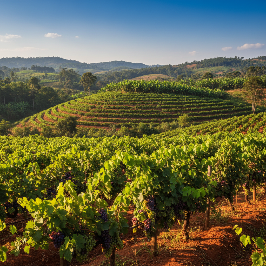 Vinhedo exuberante e tropical nas terras altas de Uganda, com fileiras de videiras verdes sob o sol equatorial e colinas ao fundo.
