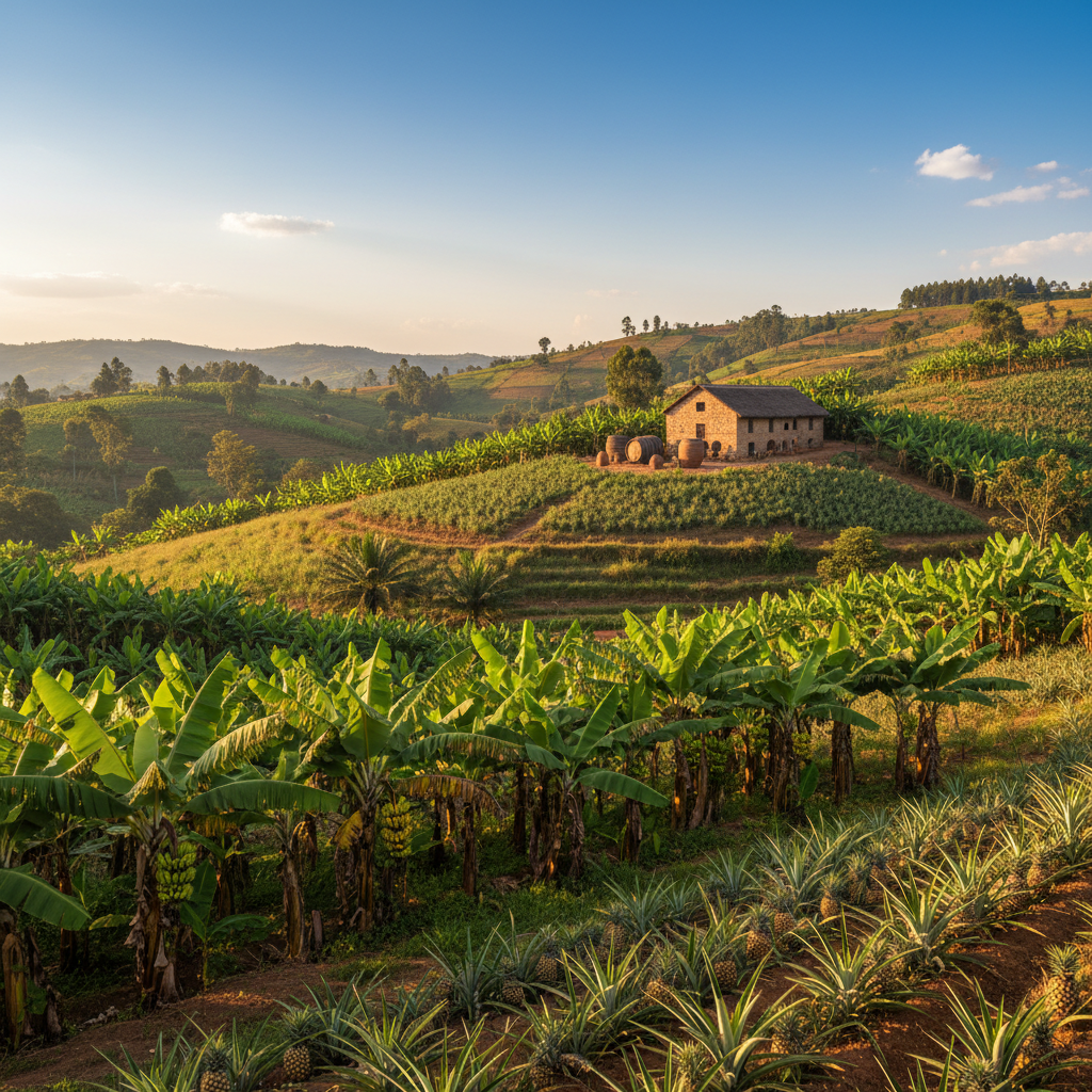 Paisagem agrícola exuberante em Uganda com plantações de frutas, sugerindo a produção de vinhos locais, ao pôr do sol.