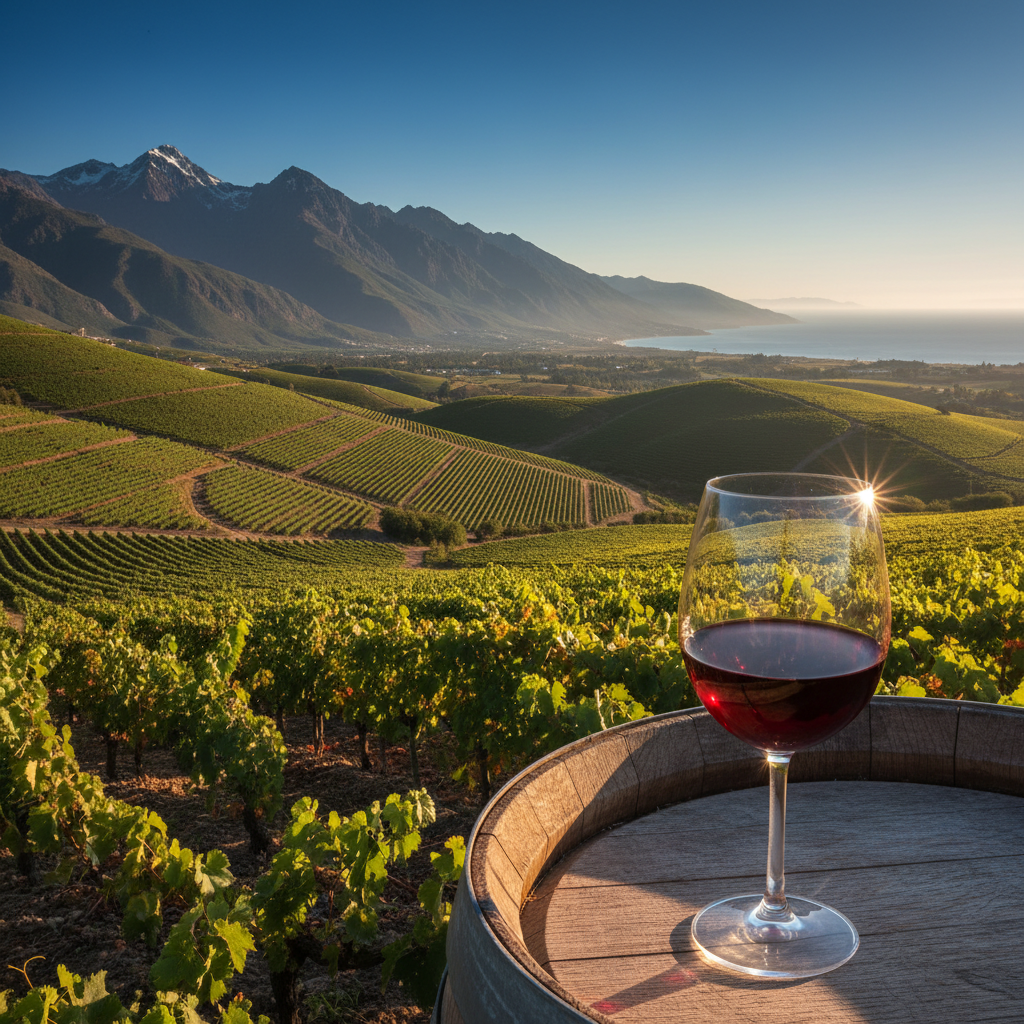 Vinhedos exuberantes da América do Sul, com elementos que remetem tanto aos Andes chilenos/argentinos quanto às colinas costeiras uruguaias, com uma taça de vinho sobre um barril de madeira rústico.