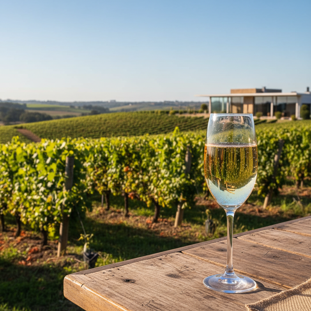Taça de vinho espumante em um vinhedo uruguaio ao pôr do sol, com uvas brancas e a paisagem vinícola ao fundo.
