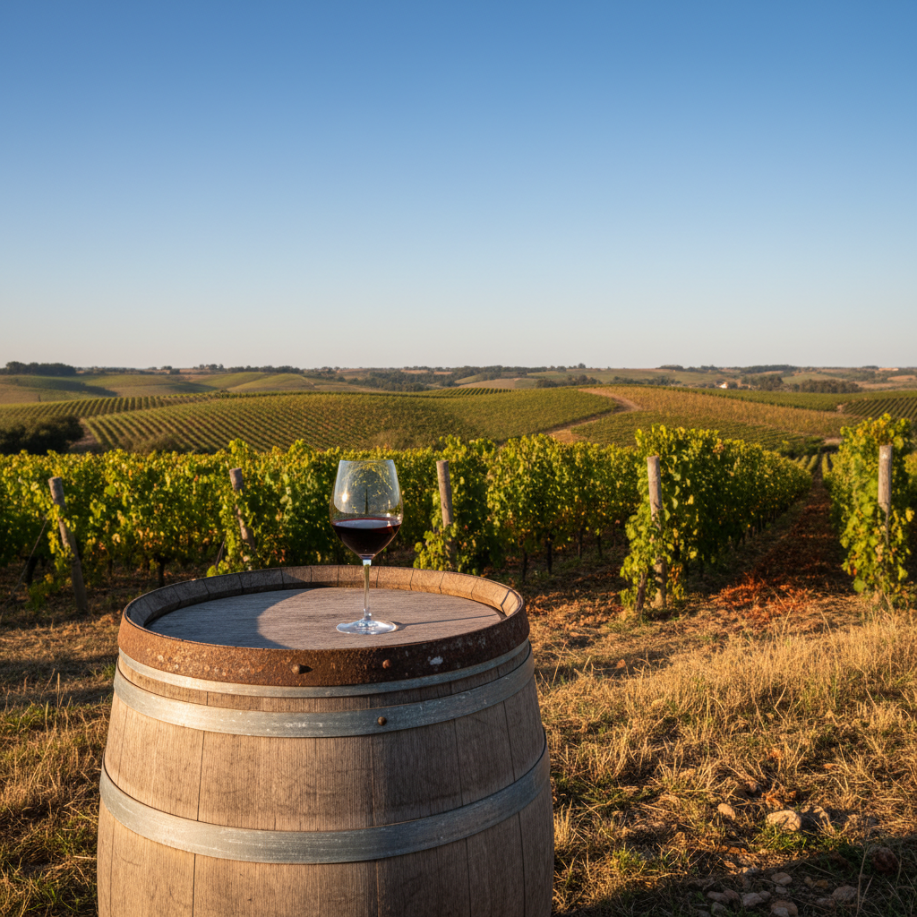 Vinhedo uruguaio com barril de carvalho rústico e taça de vinho tinto, representando a riqueza das regiões produtoras de vinho do Uruguai e a uva Tannat.