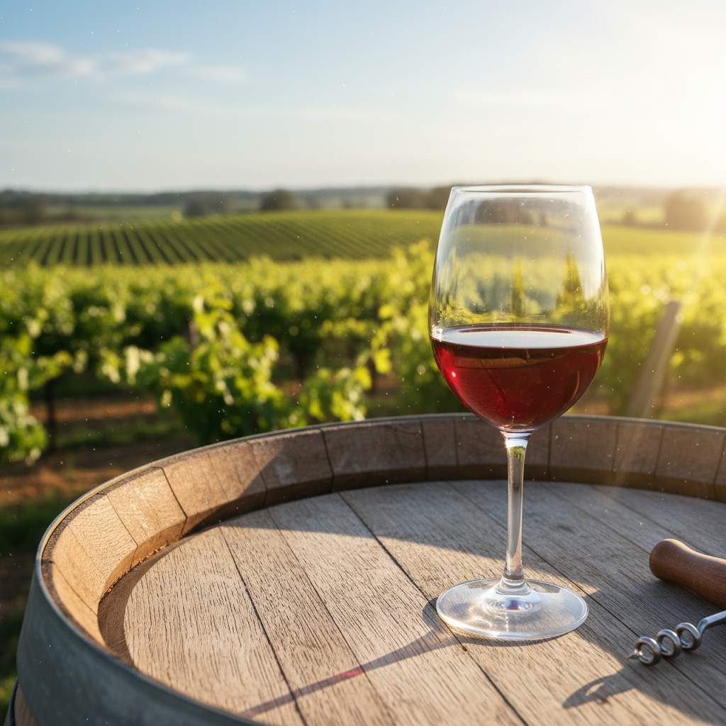 Taça de vinho tinto australiano sobre um barril de madeira, com um vinhedo ensolarado da Austrália ao fundo.