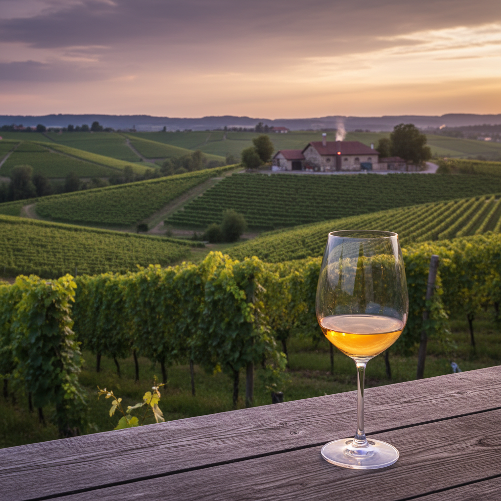 Paisagem de vinhedo austríaco ao pôr do sol com taça de vinho em mesa rústica e adega ao fundo.