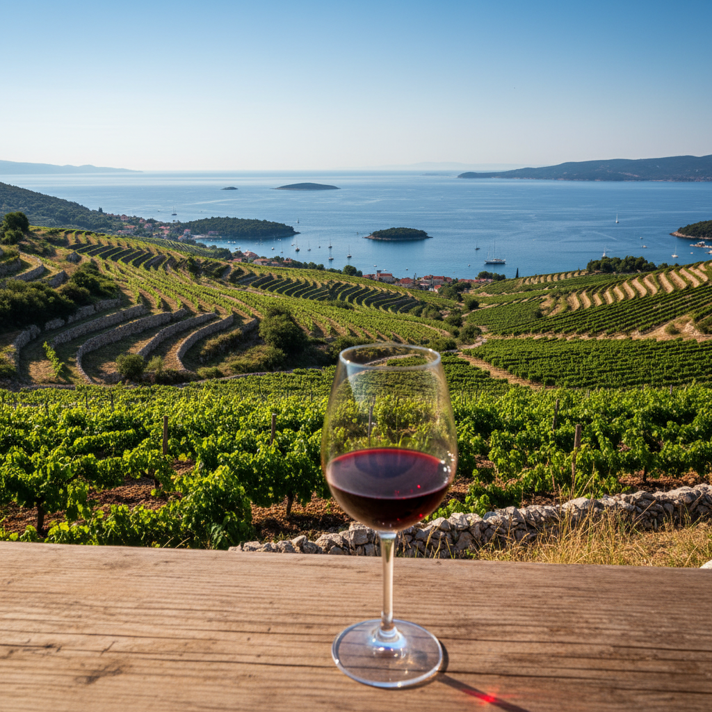 Vista panorâmica de um vinhedo croata em socalcos com vista para o Mar Adriático, e uma taça de vinho em primeiro plano refletindo a paisagem.