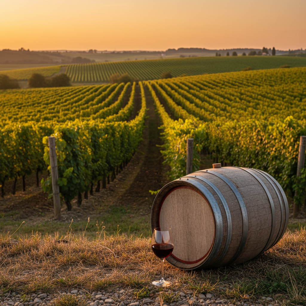 Vinhedo eslovaco ao pôr do sol, com um barril de vinho e uma taça, evocando a beleza e a tradição da região vinícola.