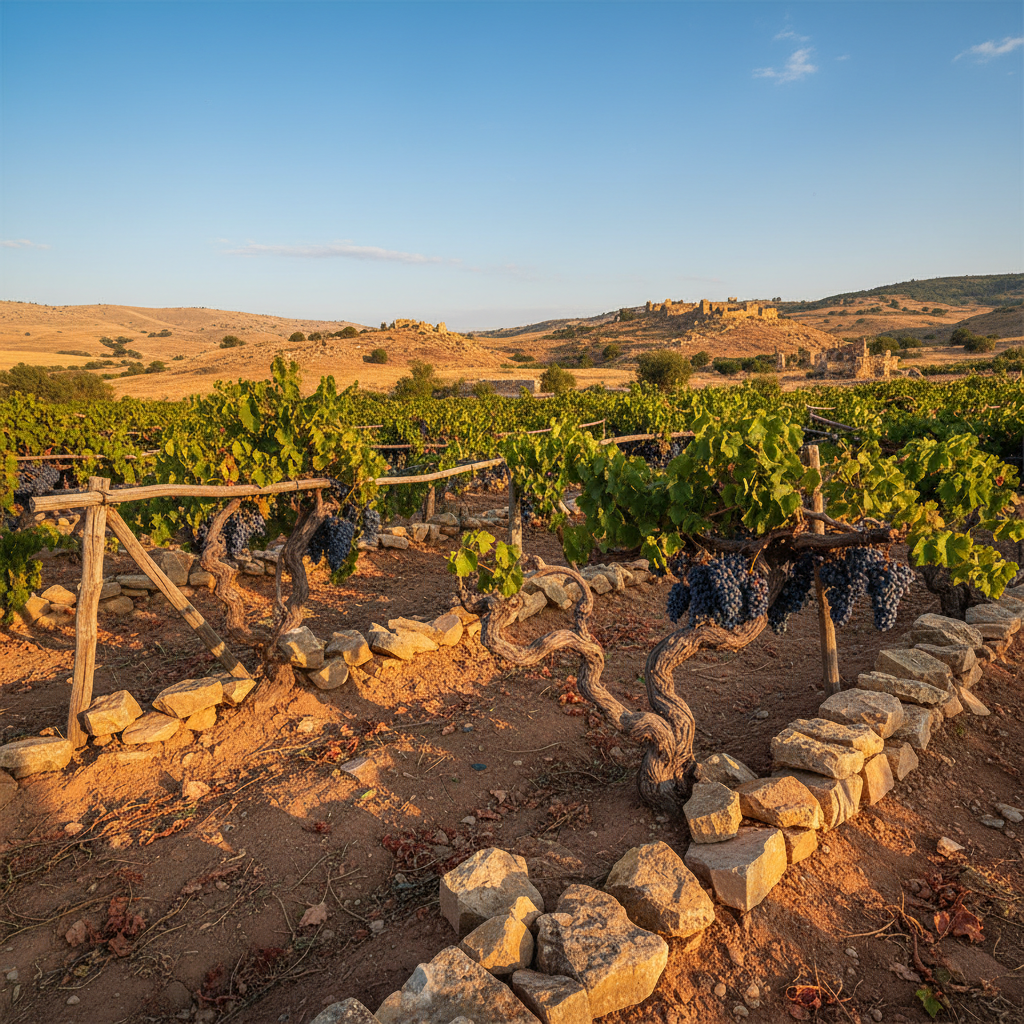 Vinhedo antigo sírio sob o sol, destacando videiras resistentes em terreno árido e rochoso, com o céu azul ao fundo.