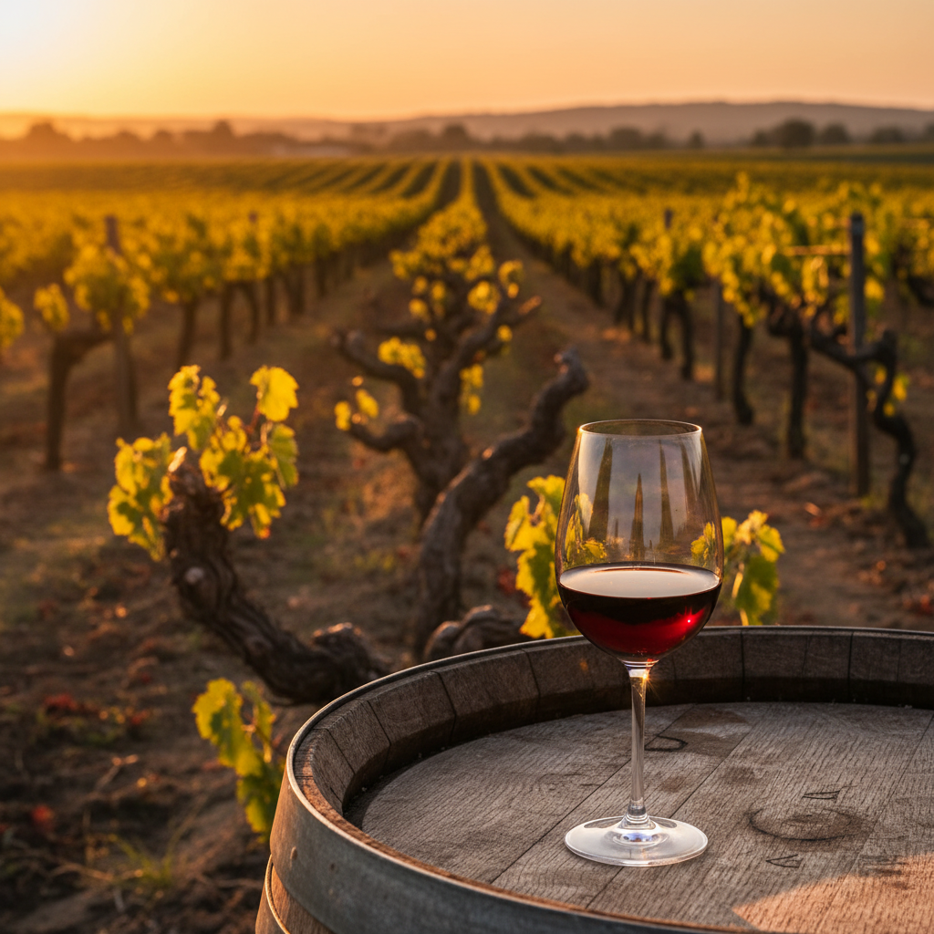 Vinhedo antigo ao pôr do sol com um copo de vinho tinto sobre um barril de madeira, evocando a riqueza e a história das uvas autóctones.