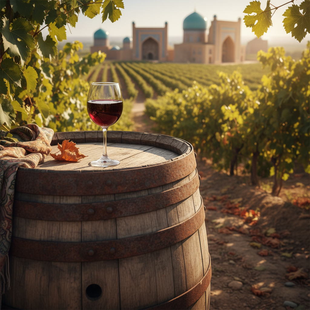 Vinhedo ensolarado no Uzbequistão com arquitetura tradicional ao fundo, e um barril de vinho rústico ou taça de vinho tinto em primeiro plano, simbolizando a riqueza vinícola da Ásia Central.