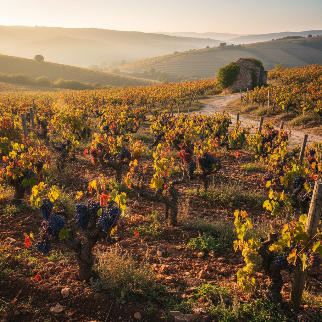 Vinhedo antigo com diversas variedades de uvas autóctones, destacando a riqueza do terroir e a tradição vitivinícola.