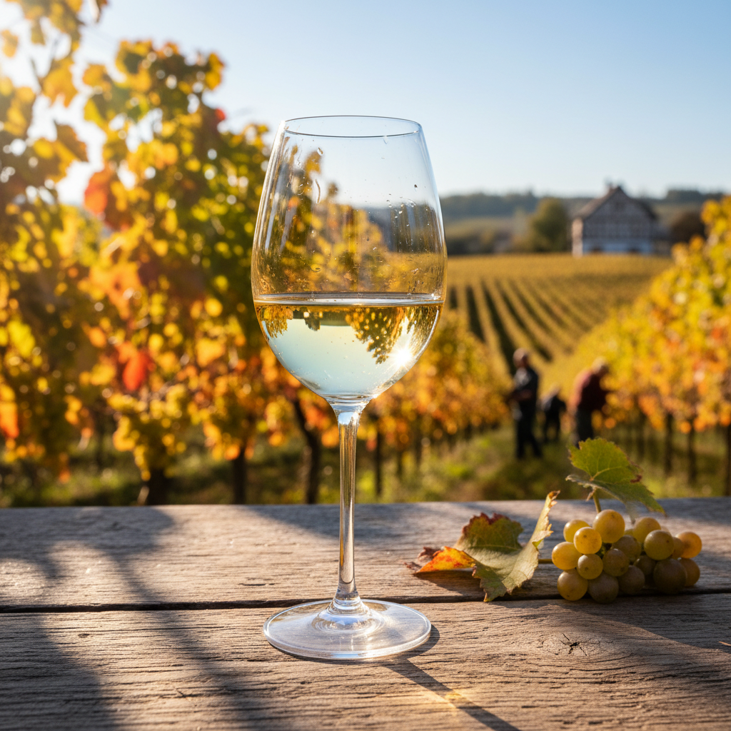 Uma taça de vinho branco elegante em uma mesa de madeira rústica, com um vinhedo alemão ensolarado e cachos de uva ao fundo, evocando a colheita de outono.