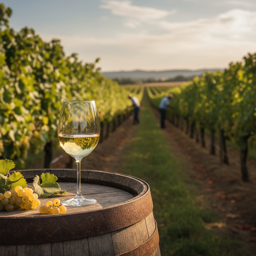 Taça de vinho branco dourado sobre barril de carvalho em um vinhedo ensolarado.