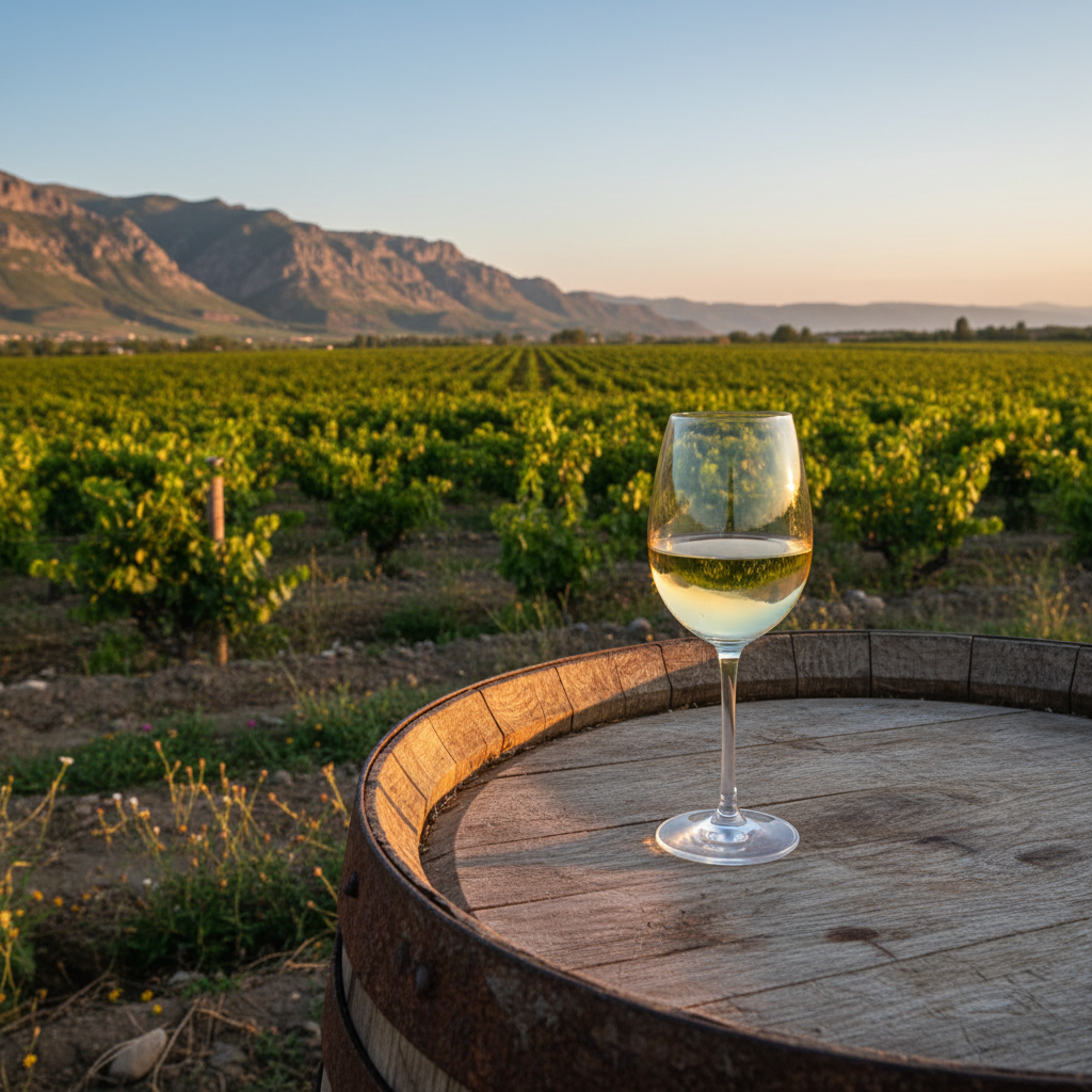 Vinhedo armênio ao pôr do sol com uma taça de vinho branco sobre um barril de madeira, destacando a paisagem montanhosa e as vinhas verdes.