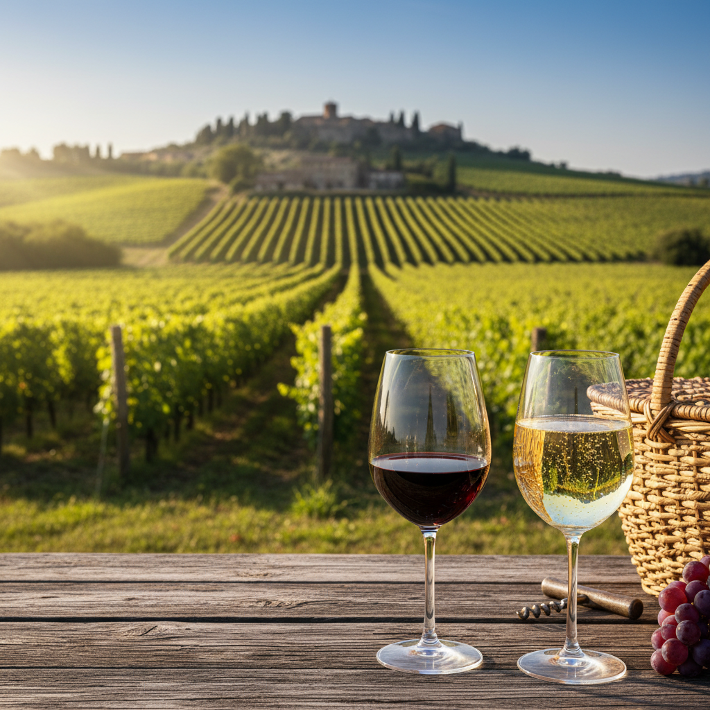 Vinhedo italiano ensolarado com taças de vinho tinto e espumante em uma mesa de madeira rústica, refletindo a diversidade das uvas Nebbiolo, Sangiovese e Glera.
