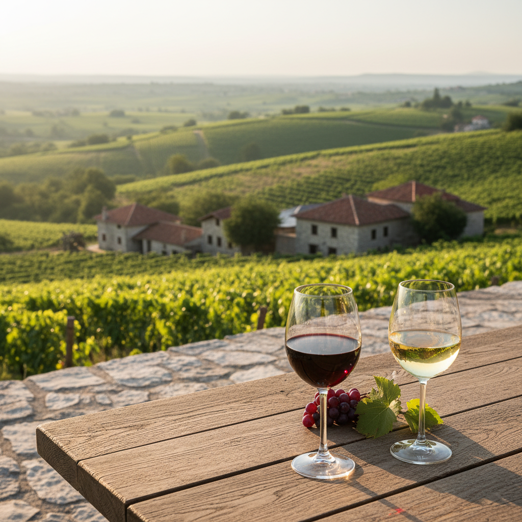 Vinhedo ensolarado na Herzegovina com colinas e casas de pedra ao fundo, mostrando uma taça de vinho tinto e uma de vinho branco em mesa de madeira rústica, simbolizando a riqueza vinícola da Bósnia e Herzegovina.