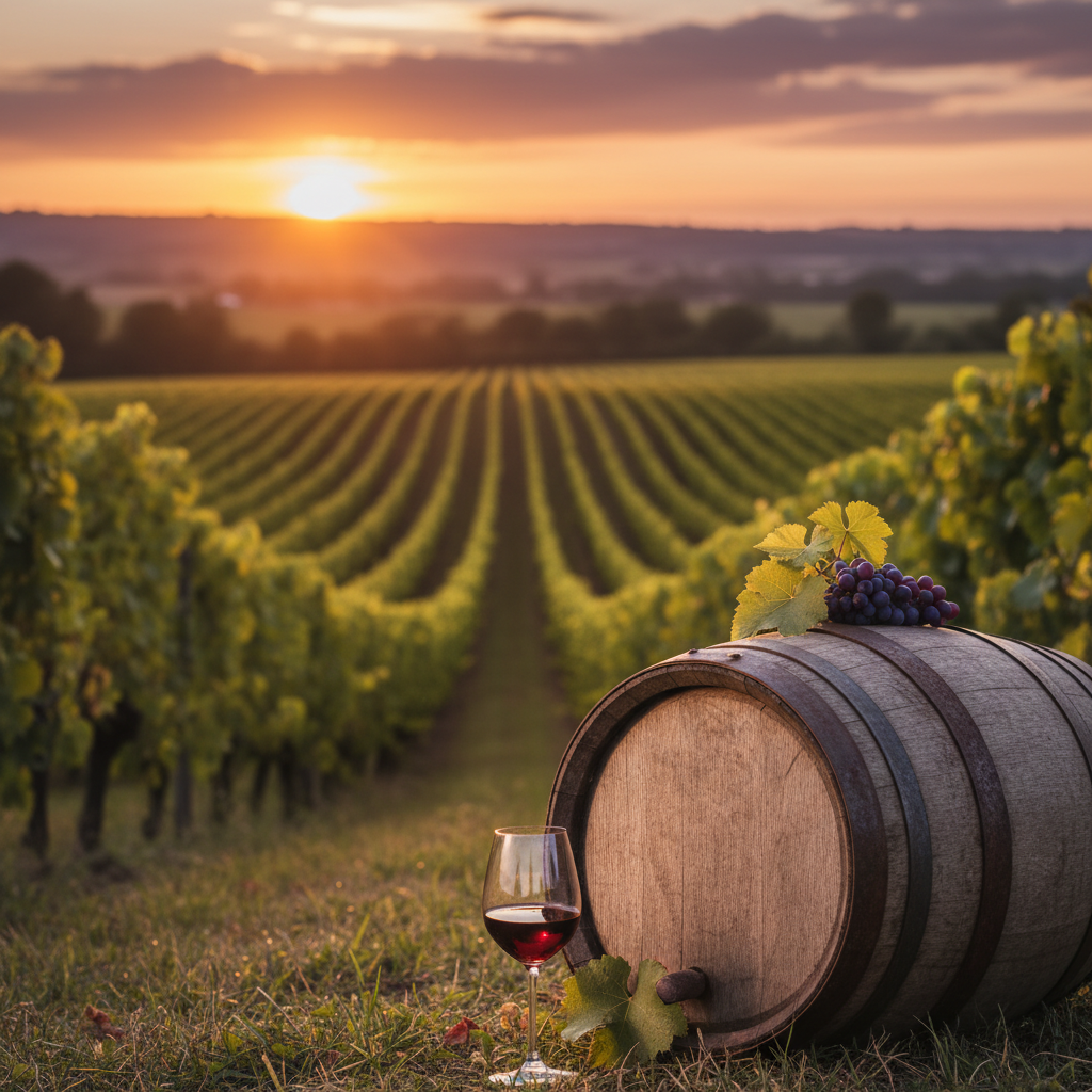 Vinhedo francês exuberante ao pôr do sol, com fileiras de videiras verdes e um barril de vinho rústico em primeiro plano, simbolizando a riqueza das uvas da França.