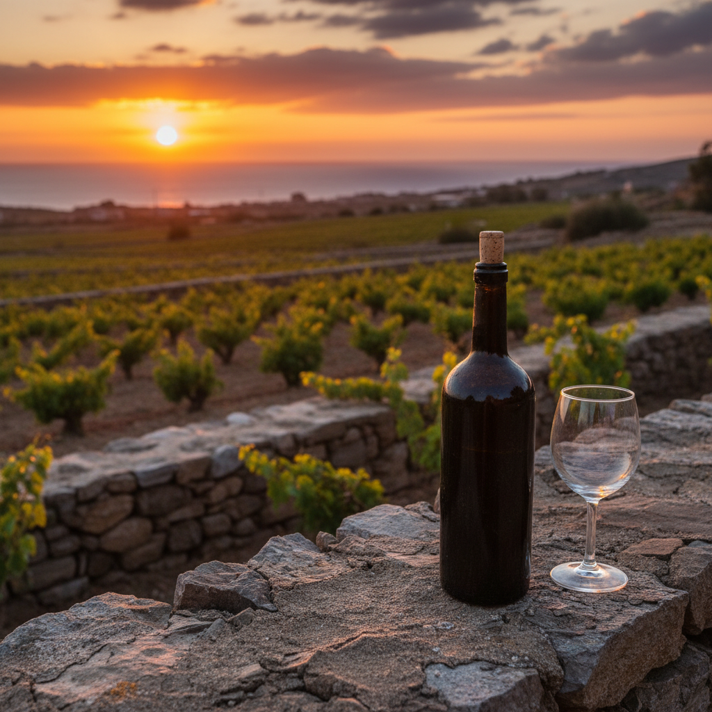 Vinhedo grego exuberante ao pôr do sol, com garrafa e taça de vinho sobre um muro de pedra, simbolizando a riqueza das uvas autóctones.