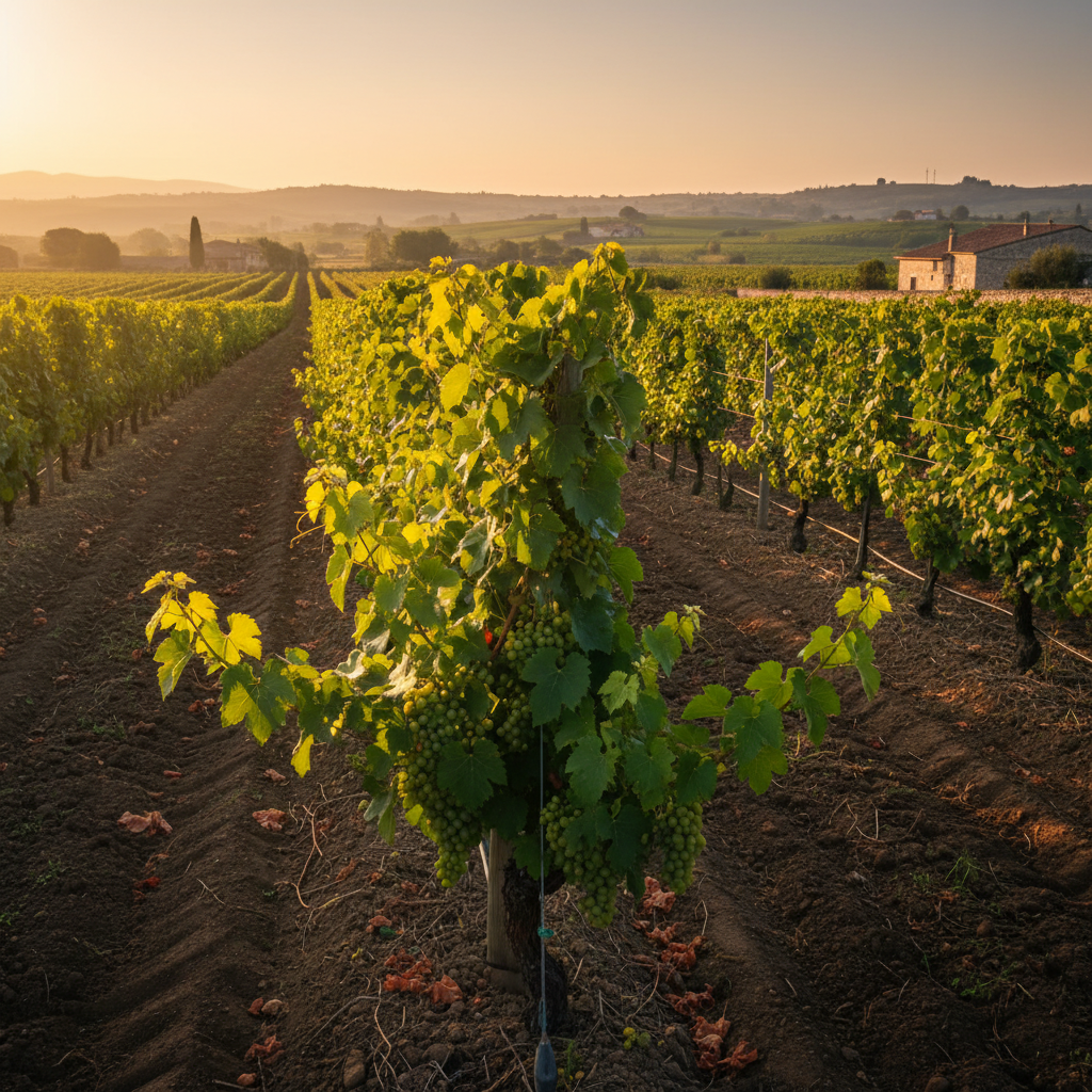 Vinhedo de uvas híbridas ao amanhecer, com plantas robustas e saudáveis, representando a sustentabilidade e a evolução da viticultura.