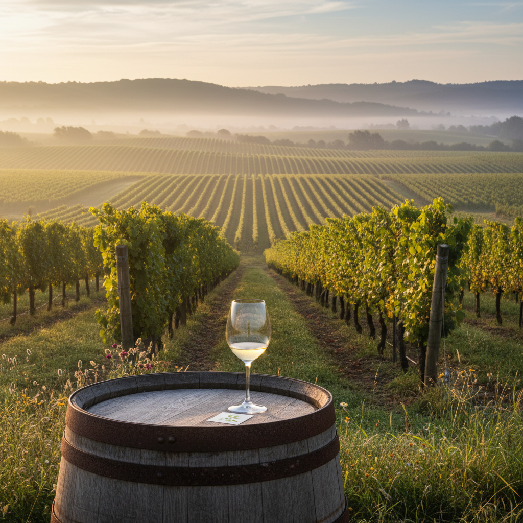 Vinhedo ao amanhecer com um copo de vinho sobre um barril de madeira, simbolizando a inovação e o futuro da viticultura com uvas híbridas.