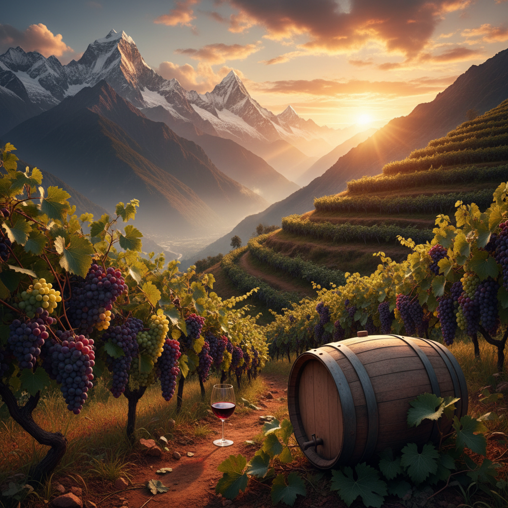 Vinhedo exuberante em socalcos nas montanhas do Himalaia ao pôr do sol, com vinhas carregadas de uvas e picos nevados ao fundo, simbolizando a viticultura nepalesa.