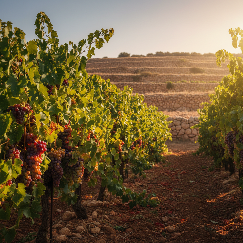 Vinhedo ensolarado em Israel com uvas maduras e terraços de pedra ao fundo, simbolizando o terroir único e histórico.