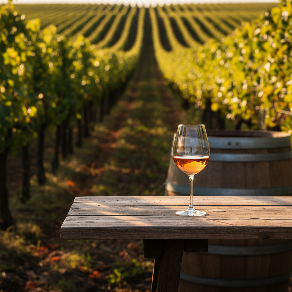 Vinhedo ensolarado ao pôr do sol com taça de vinho elegante em mesa rústica e barril de carvalho.