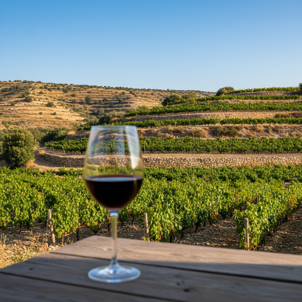 Vinhedos em socalcos ensolarados em Chipre com um copo de vinho tinto em primeiro plano sobre uma mesa rústica.