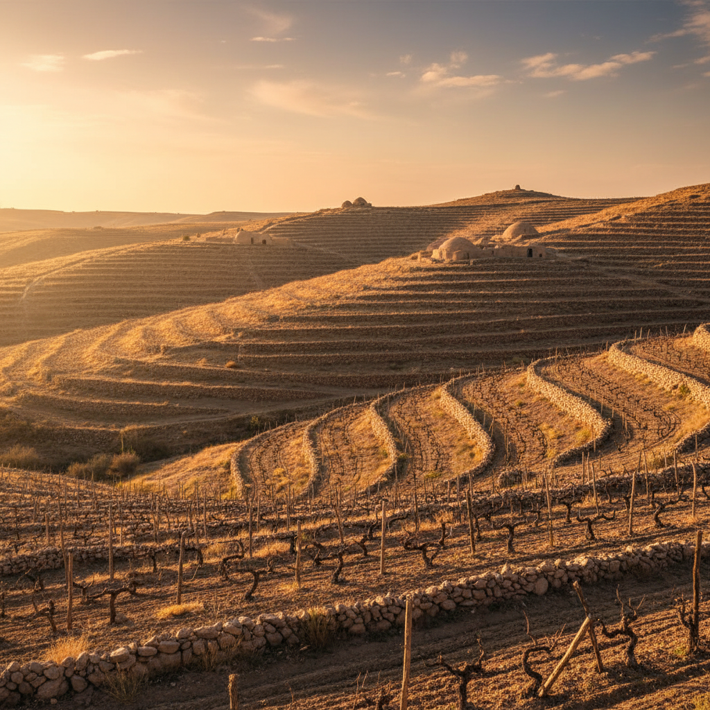 Vinhedos antigos em terraços nas colinas áridas da Pérsia, sob um sol dourado, evocando a rica história do vinho na região.