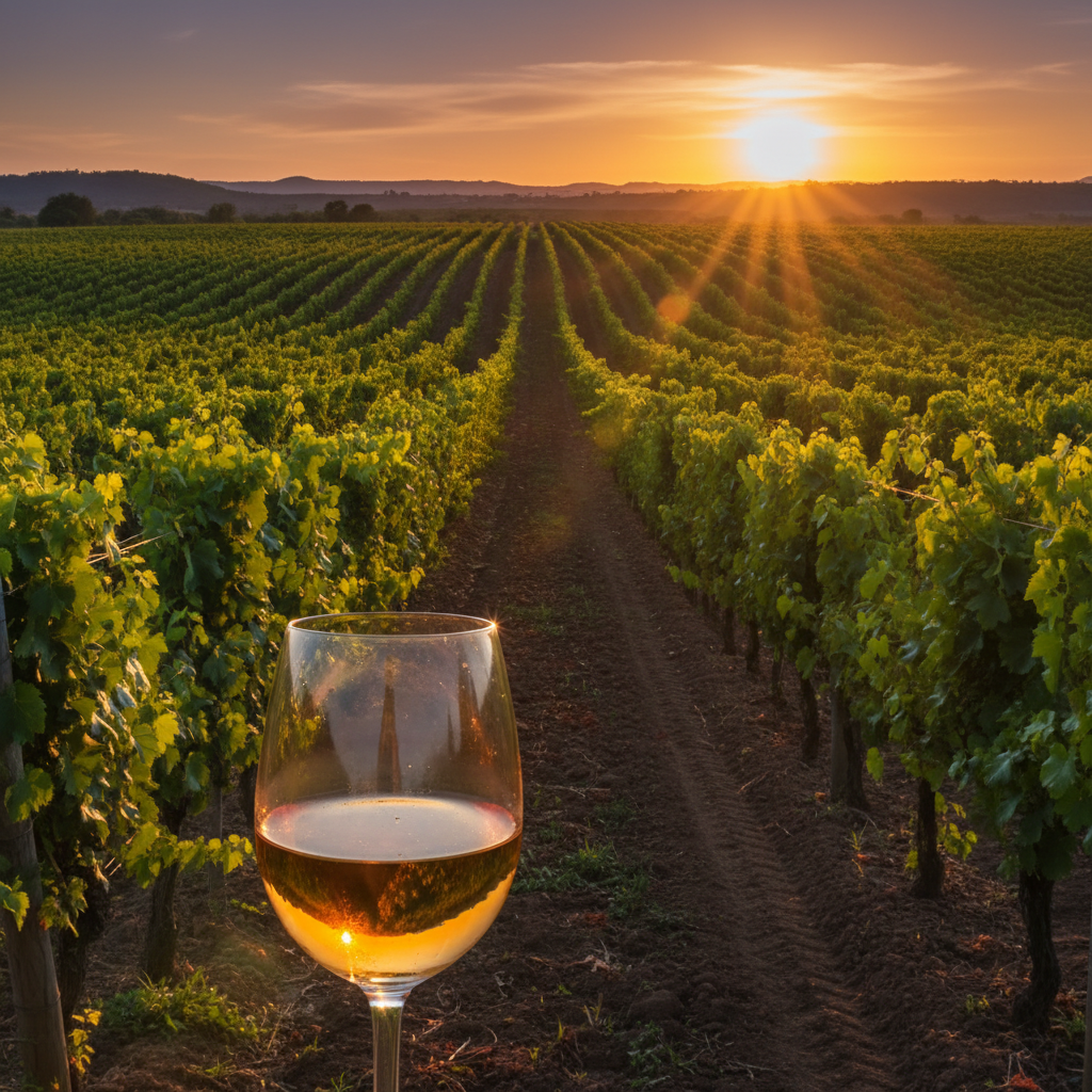 Vinhedo paraguaio ao entardecer com taça de vinho, destacando a beleza natural e o potencial das uvas locais.