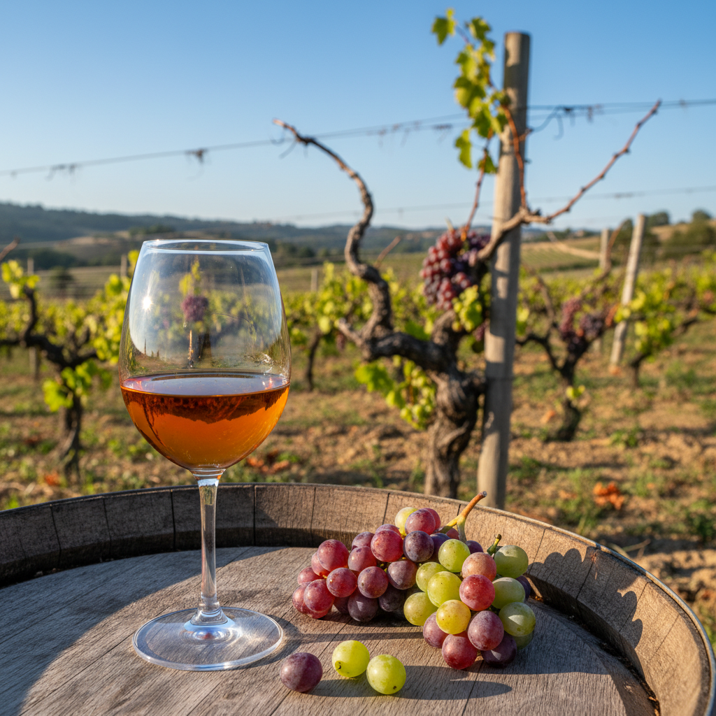Vinhedo histórico com taça de vinho âmbar e cachos de uvas raras sobre barril de carvalho, simbolizando a descoberta de castas esquecidas.