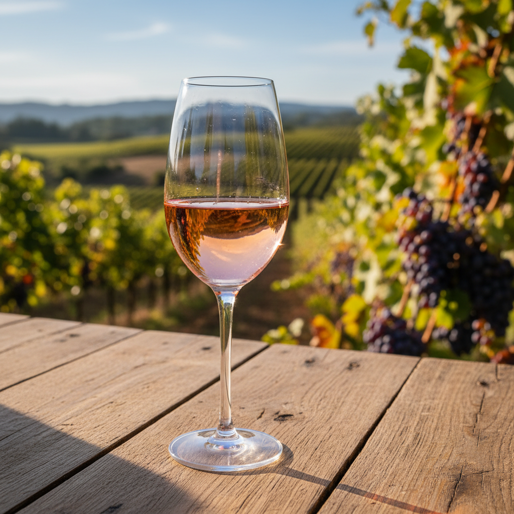 Taça de vinho rosé sobre uma mesa de madeira rústica, com um vinhedo ensolarado ao fundo.