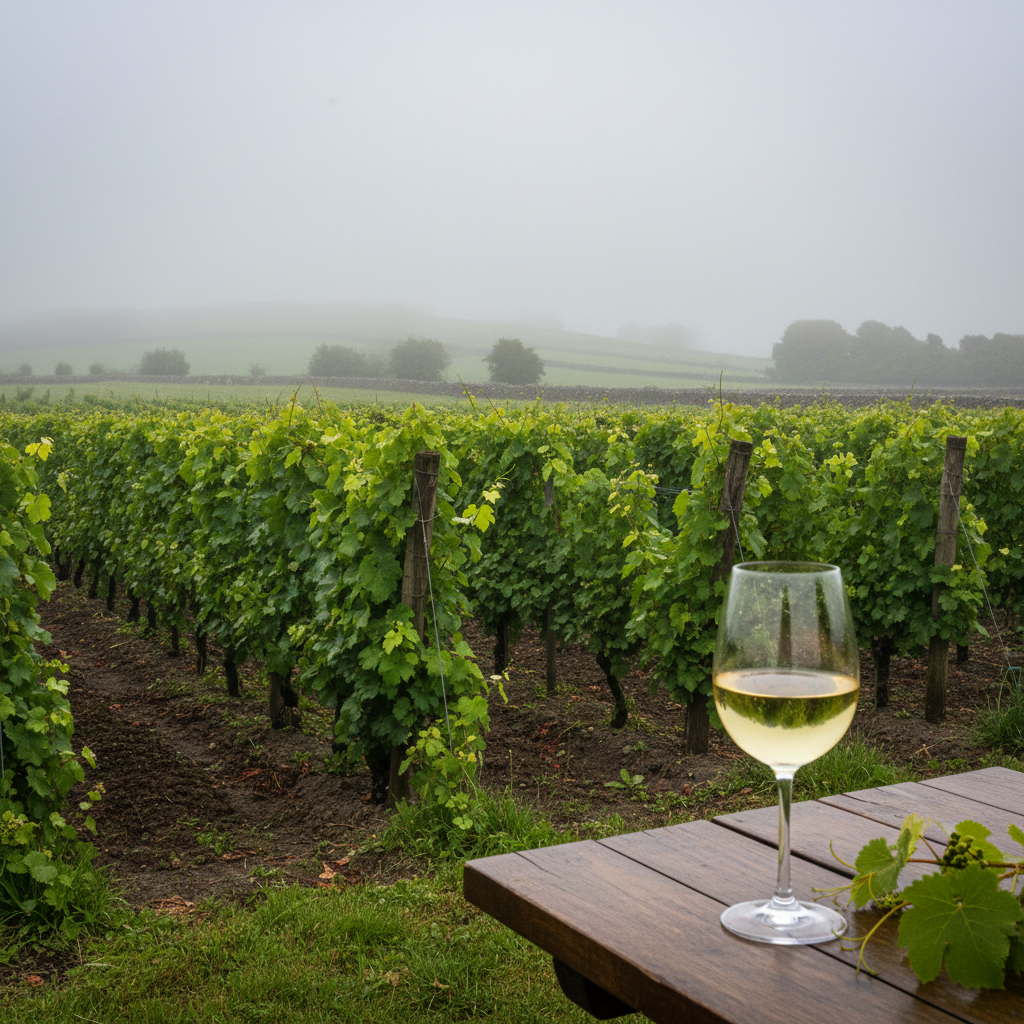 Vinhedo exuberante em uma paisagem irlandesa nebulosa, com uma taça de vinho branco em primeiro plano, simbolizando a viticultura de clima frio e suas uvas secretas.