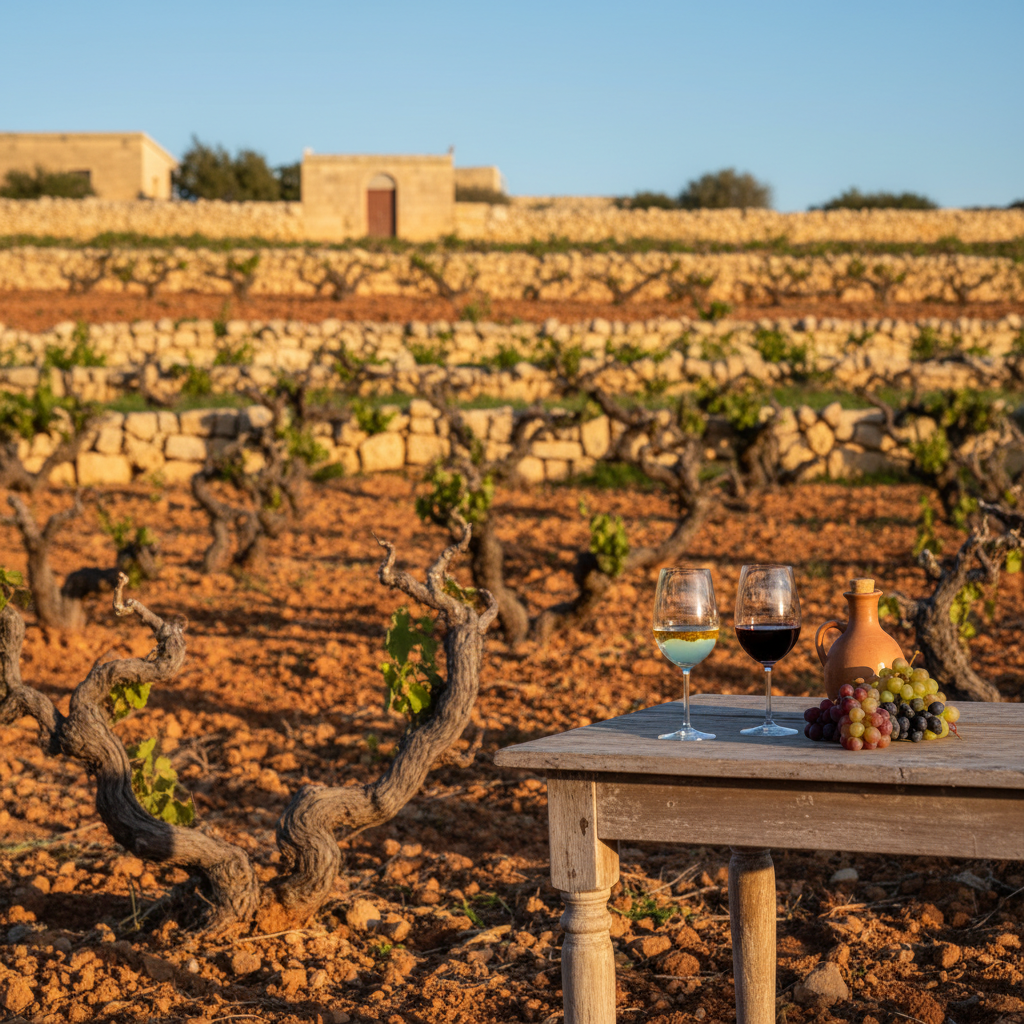 Vinhedo ensolarado em Malta com taças de vinho, representando as uvas autóctones Girgentina e Gellewza e a paisagem maltesa.