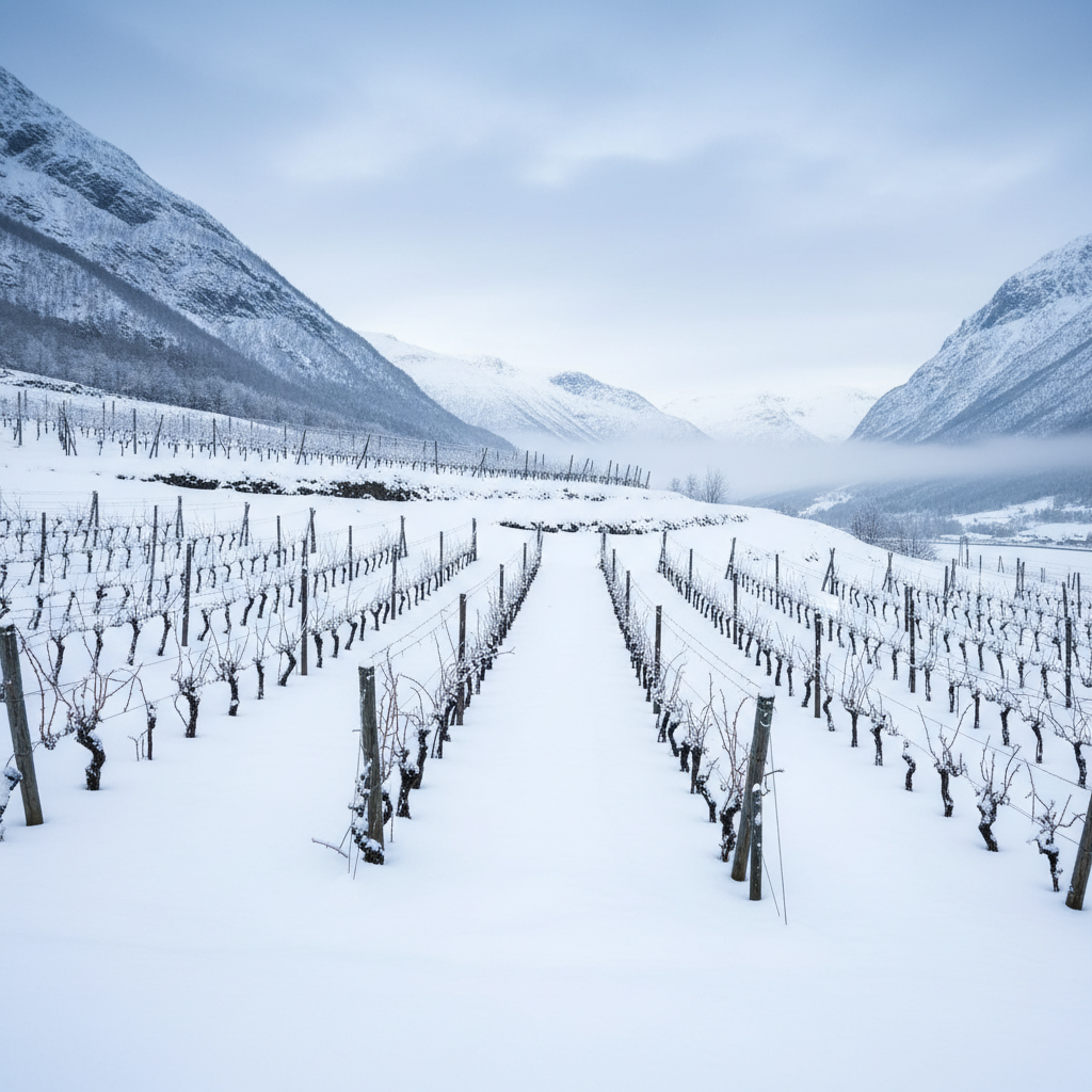 Vinhedo norueguês coberto de neve, mostrando a resiliência das videiras em um clima de frio extremo.