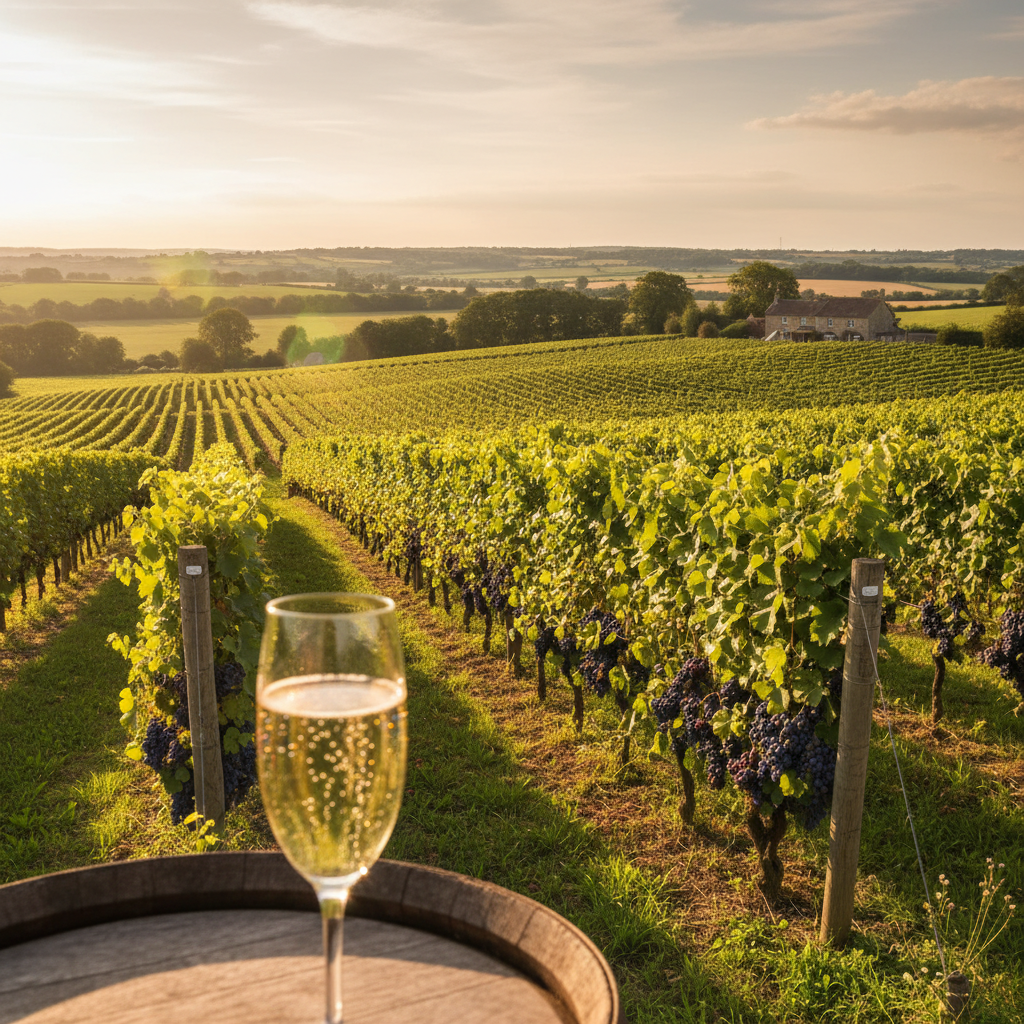 Vinhedo exuberante na paisagem rural inglesa ao pôr do sol, com fileiras de videiras carregadas de uvas e, em primeiro plano, um copo de vinho espumante ou um barril de carvalho.