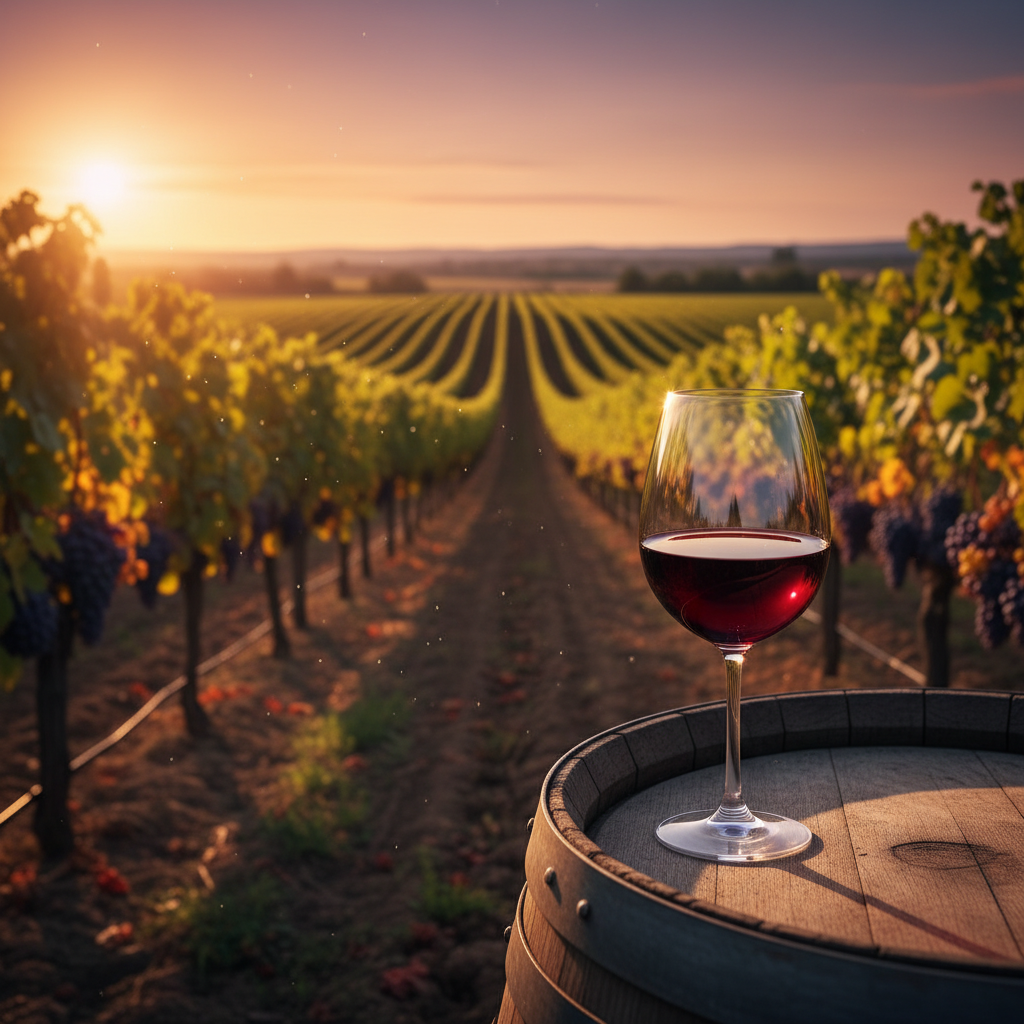 Um copo de vinho tinto repousando sobre um barril de madeira em um vinhedo ao pôr do sol, com uvas maduras nas videiras ao fundo, simbolizando a riqueza e a diversidade das uvas.