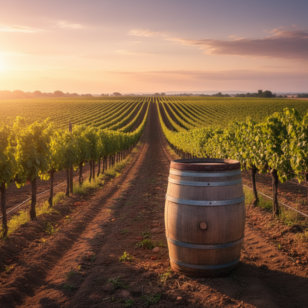 Vinhedo ao amanhecer com barril de carvalho, simbolizando a origem das uvas e do vinho.