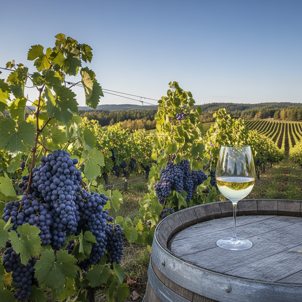 Vinhedo exuberante no sul da Suécia, com cachos de uvas adaptadas ao clima nórdico. Um elegante copo de vinho branco repousa sobre um barril de carvalho, sob a luz suave do sol, destacando a inovação da viticultura sueca.