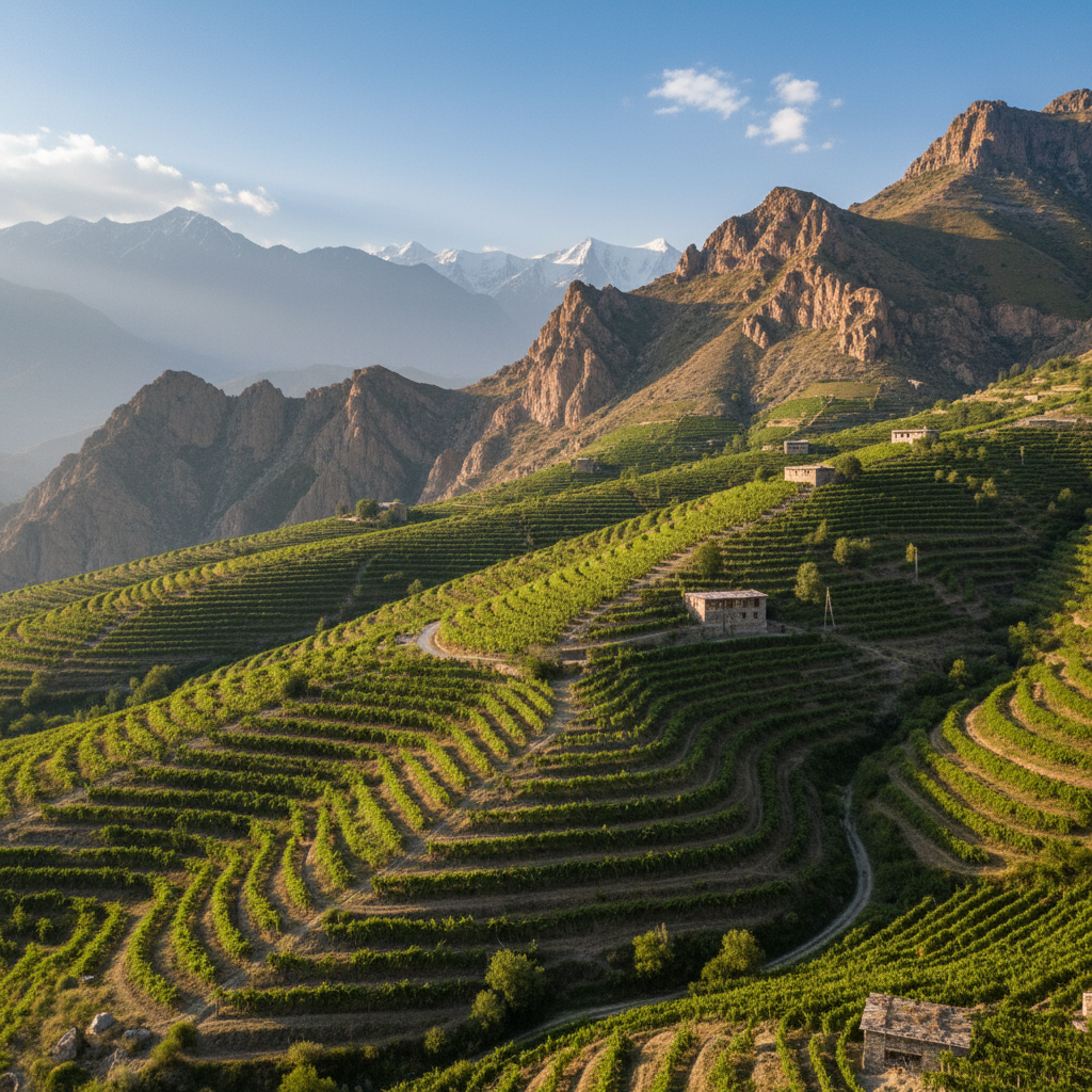 Vinhedo exuberante e verdejante em um cenário montanhoso dramático do Tadjiquistão, com videiras em socalcos e a beleza natural robusta da Ásia Central.