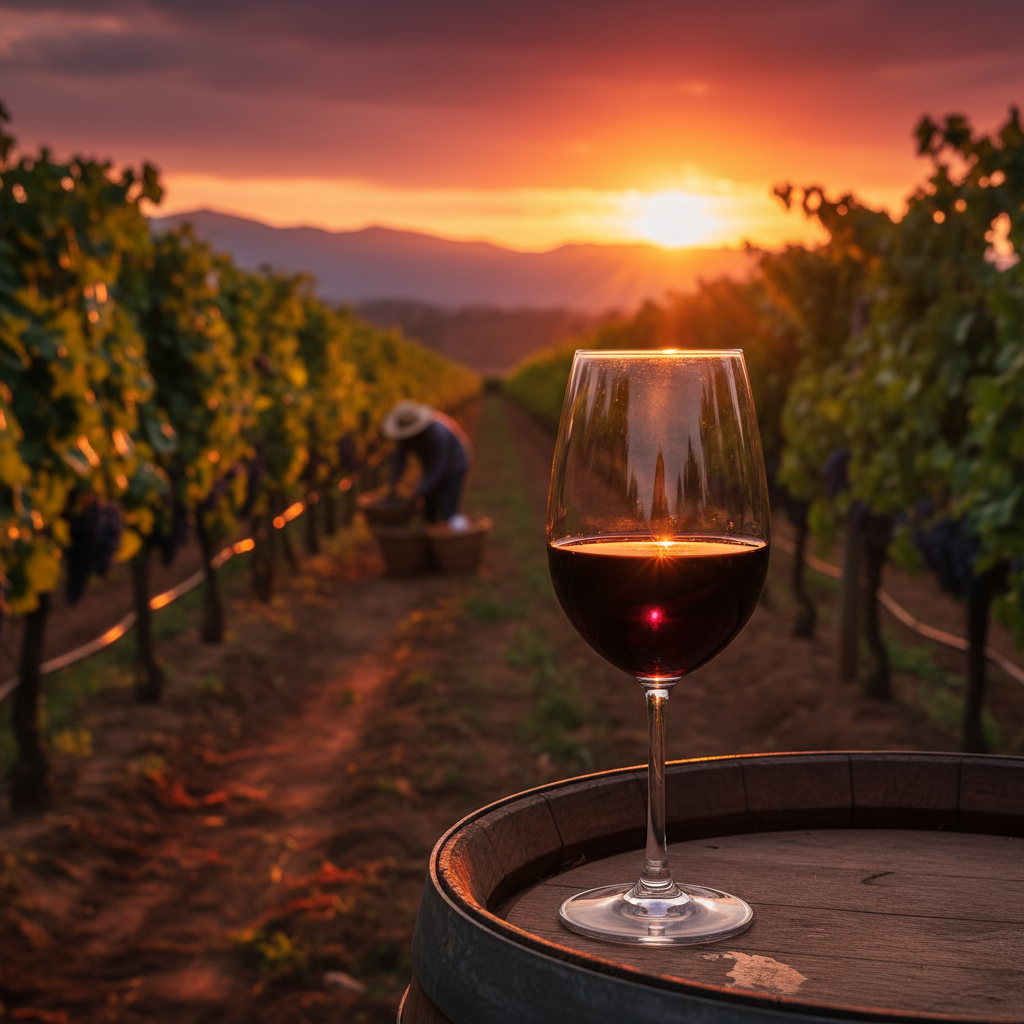 Vinhedo exuberante na Tanzânia ao pôr do sol, com fileiras de videiras e uma taça de vinho tinto em primeiro plano, simbolizando a crescente indústria vinícola do país.