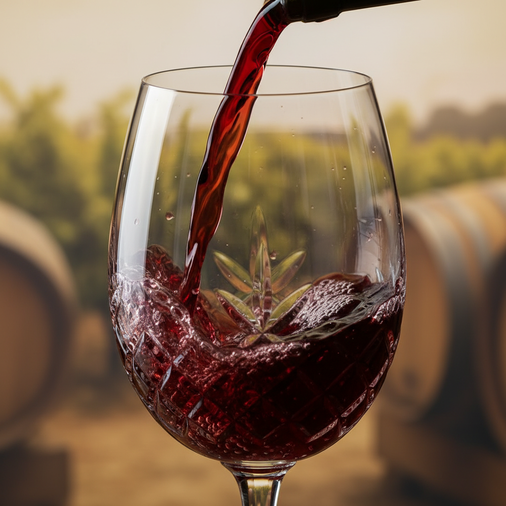 Vinho tinto sendo servido em taça de cristal, com vinhedo ao fundo, destacando a cor profunda da bebida.