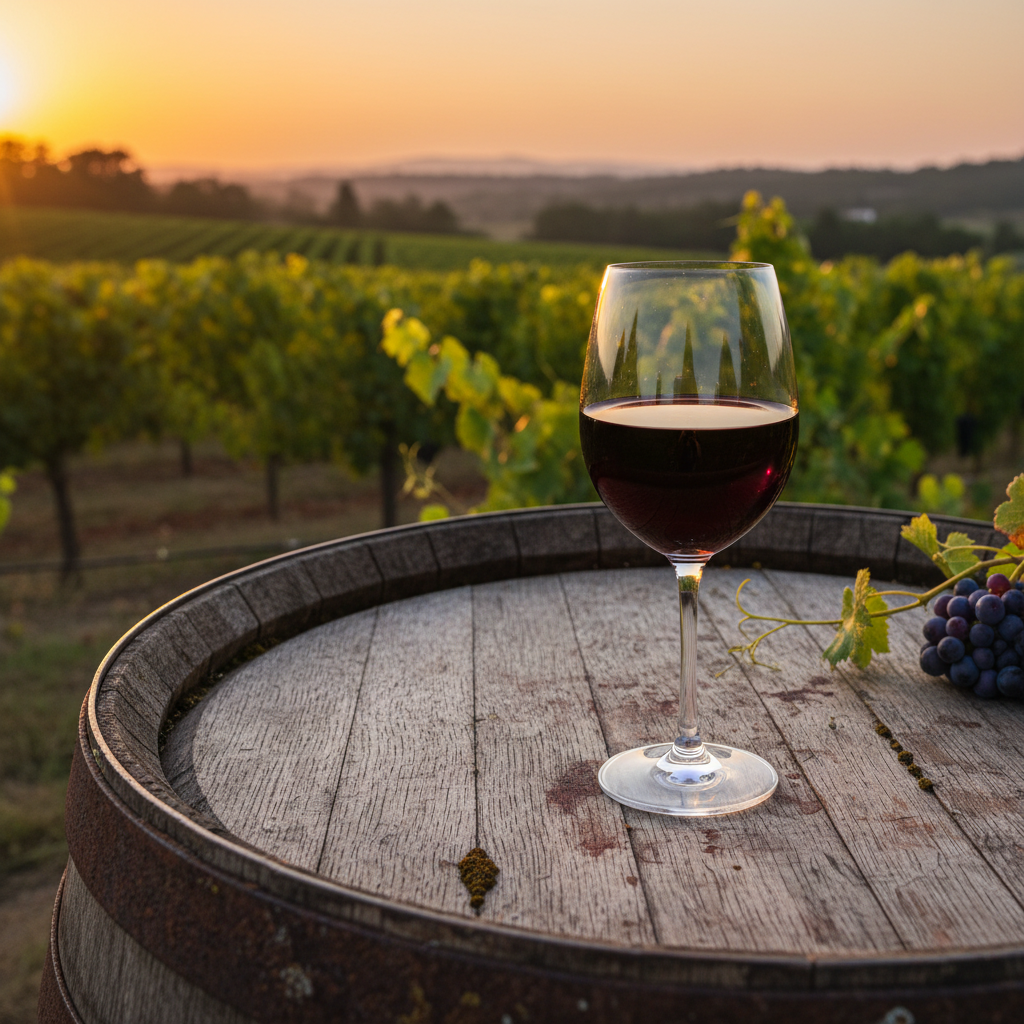 Taça de vinho tinto sobre um barril de carvalho em um vinhedo ao pôr do sol, com videiras verdes ao fundo.