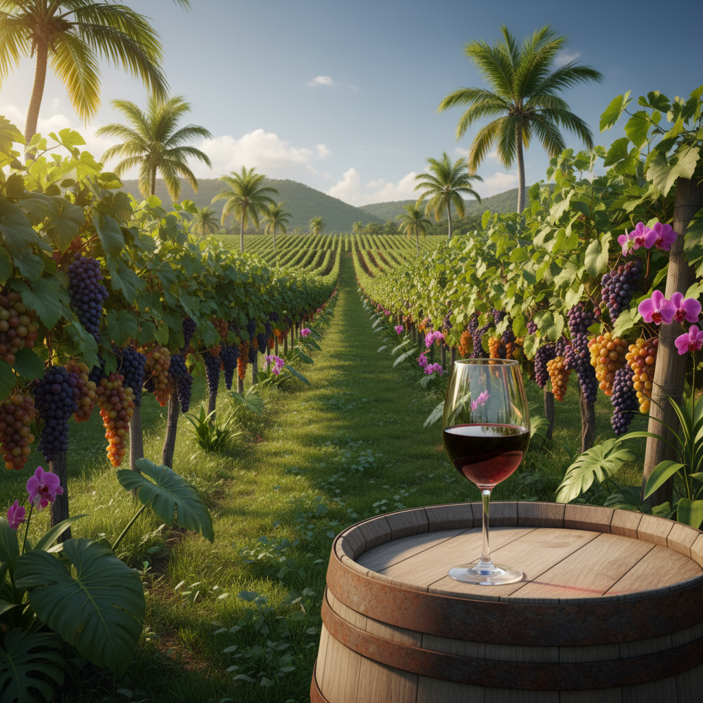 Vinhedo tropical exuberante na República Dominicana com parreiras carregadas de uvas, palmeiras ao fundo e uma taça de vinho tinto sobre um barril de madeira.
