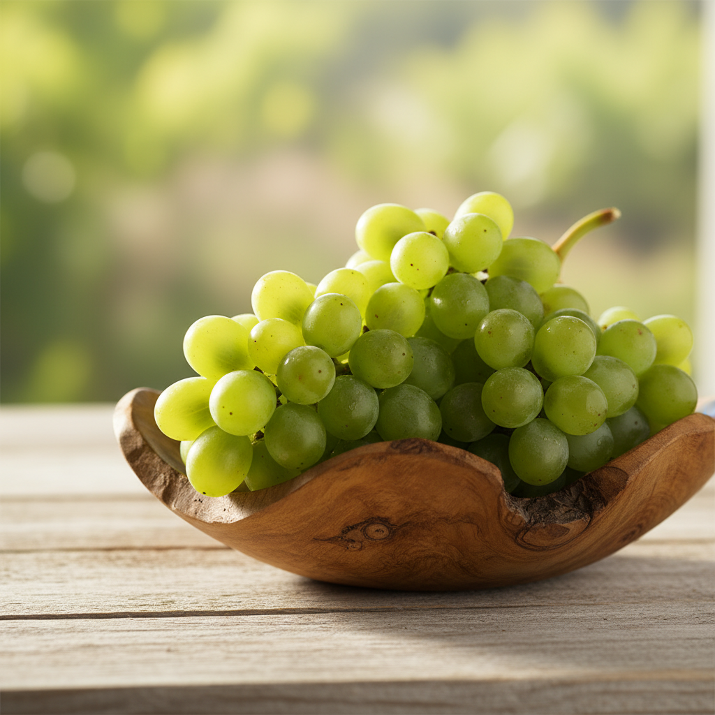 Cacho de uvas verdes frescas e brilhantes em uma tigela rústica de madeira sobre uma mesa clara, com fundo suavemente desfocado, evocando um ambiente natural e convidativo.