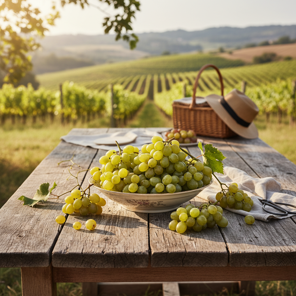 Uvas verdes frescas em uma tigela rústica em um ambiente de vinhedo ensolarado.