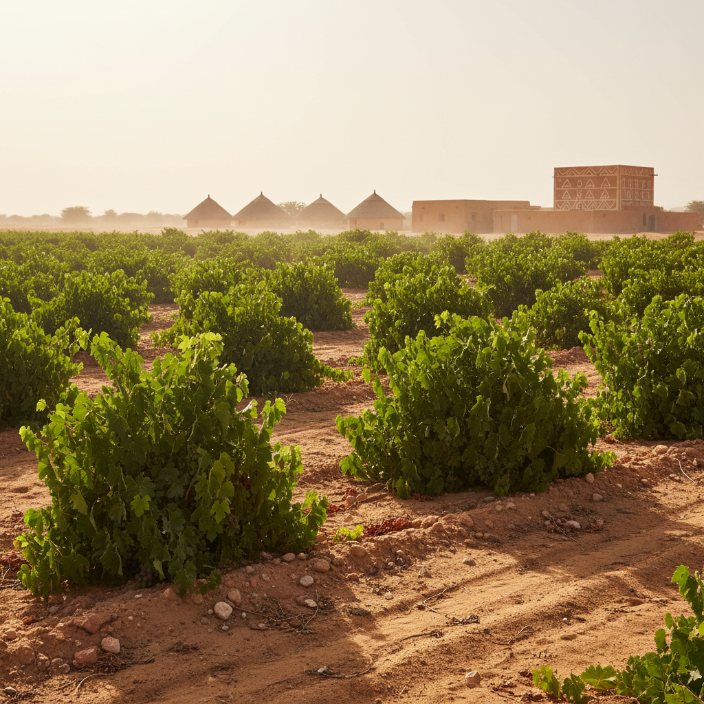 Vinhedo exuberante sob o sol intenso do Senegal, com vinhas verdes prosperando em solo árido, simbolizando a resiliência da viticultura em climas quentes.