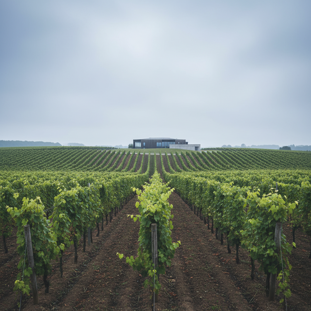 Vinhedo dinamarquês em um dia nublado, com videiras robustas e uma vinícola moderna ao fundo, refletindo a viticultura de clima frio.